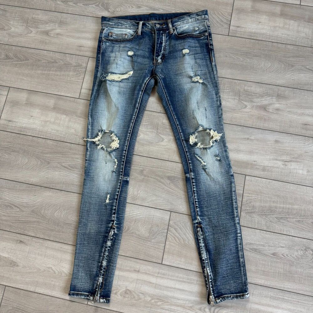 MNML Jeans Mens 31 Blue Denim Button Fly Skinny Destroyed Distressed Zip Ankle